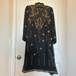 FANTASY By Lisa Kane Pure Silk Long Sleeve Beaded Midi Dress Gown Size Small!!